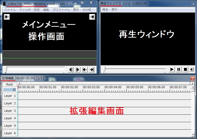 「AviUtl」メインメニューの操作画面・再生ウィンドウ・拡張編集（新規プロジェクト作成後）