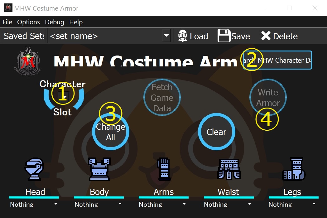 MHW Costume Armorのメインメニュー画面とボタンの説明