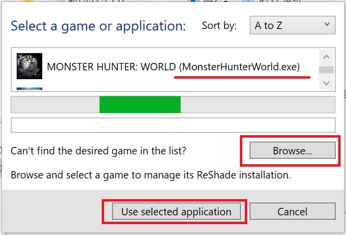 MHWを指定してReshadeインストール中の画面「Use-selected-application」