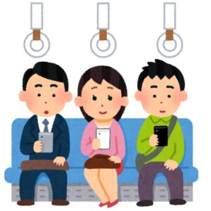 電車でスマホを見る人々のイラスト